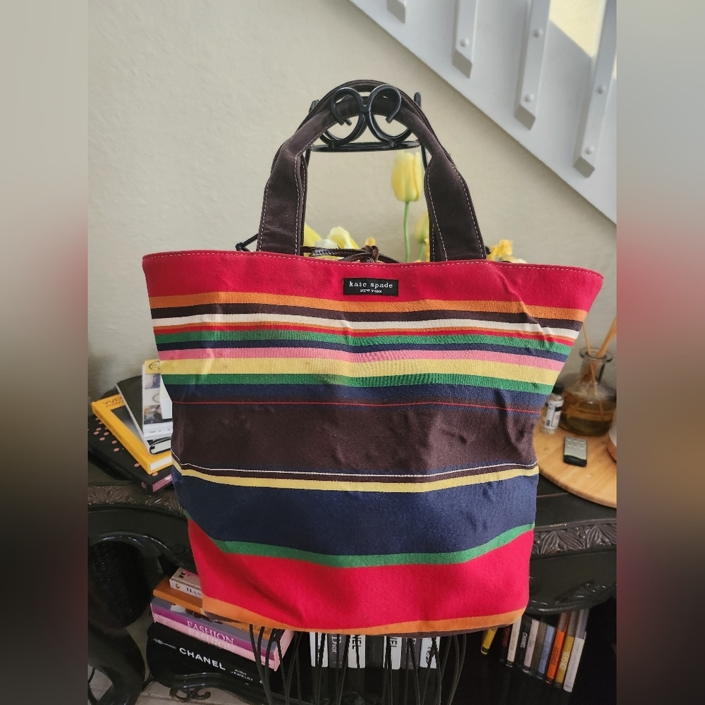 Kate Spade New York Canvas Multicolor Leather Trim Tote Bag Purse